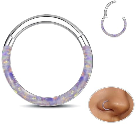 ESHIONER G23 Titan Septum Piercing Helix Ring Nasenpiercing Ring Nasenring Piercing Ohr Nostril Tragus Conch Daith Clicker Lippenpiercing Nose Ringe Opal Hypoallergen Lila Silber 16G 8MM