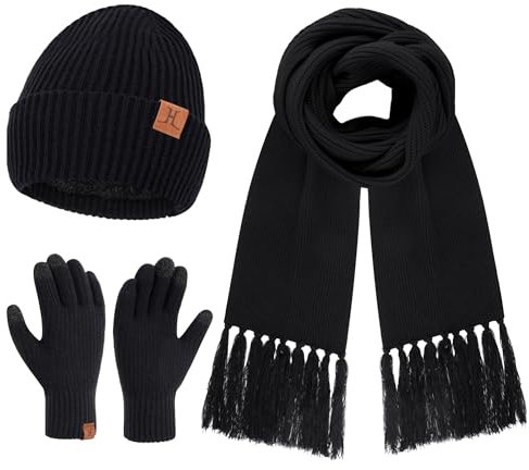 Damen Winter Warm Beanie Mütze Schal Touchscreen Handschuhe Set Thermo Wintermütze Strickmütze Lange Schals Winterhandschuhe mit Fleece Gefütterte Frauen Geschenk, Schwarz