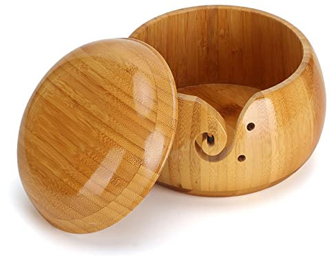 Niiyen Bol à tricoter en bois, bol de rangement en laine de 3,9 x 5,9 pouces, support de bol à tricoter domestique, rond avec couvercle, organisateur de boîte en laine fait à la