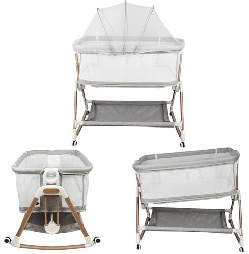 OHMG 3 in 1 Beistellbett,Babywiege,Reisebett, 4-stufig Höhenverstellbares Babybett neigbar,Kinderbett inkl. Matratze,Stubenwagen für Babys bis 9kg belastbar,4 Räder (Gris（90X60X90-115cm）)