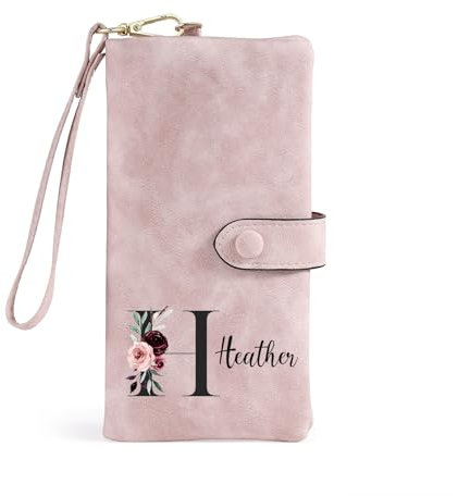 Jeweidea Portafoglio Donna Personalizzato con Nome Lettera Portafoglio Lungo in Pelle PU con Cinturino Carta Contanti ID Moneta Zip Regali per Mamma Moglie Nonna (Rosa)