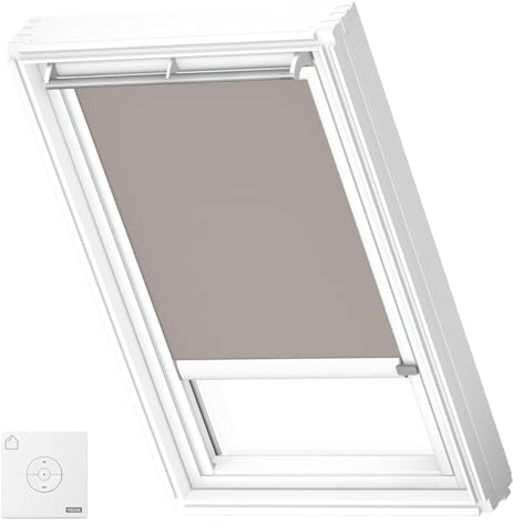 VELUX Solar Verdunkelungsrollo, weiße Schienen, FK06, Hell-Taupe | Solarbetrieb, Fernbedienung, stufenlose Anpassung