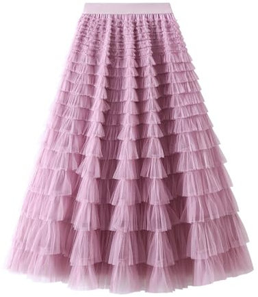 Jemsia Women's Tulle Skirt Midi Ruffles Tiered Cake Skirt Elegant Elastic High Waist A-line Petticoat Mesh Long Tutu Flowy Skirts for Prom Homecoming Birthday Party, Lilac