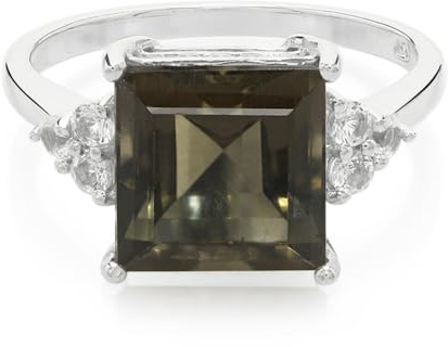 Cavill Rauchquarz Ring 925 Sterling Silber 2,92 ct Carréschliff mit 16 funkelnden weißen Topasen 3,25 ct Brasilien Eleganter Edelsteinring im modernen Design