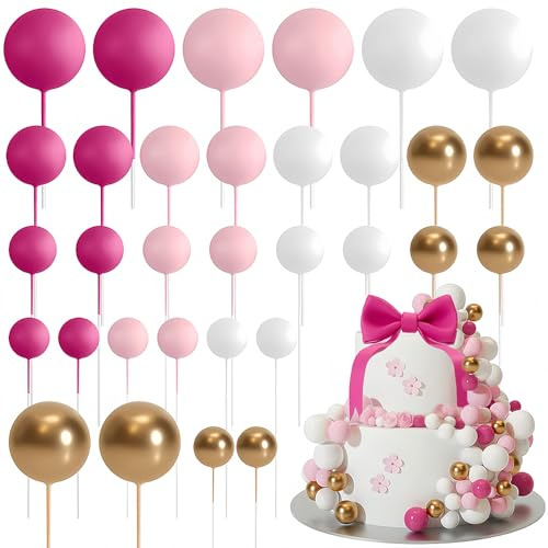 Kozdtiz 32 Stück Tortendeko Kugeln Cake Topper, Mini Ballons Tortenaufleger, DIY Mini Ballon Cupcake Einsatz, Kuchen Dekoration Kugel für Hochzeit Party Babyparty Rosarot Hellrosa Weiß Gold