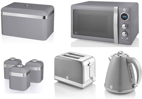 SWAN Retro Grey 1.5L 3KW Jug Kettle, 2 Slice Toaster, 800W 20L Microwave, Bread Bin and Tea, Coffee & Sugar Canisters. Matching Retro Design Kitchen Set of 7 in Grey