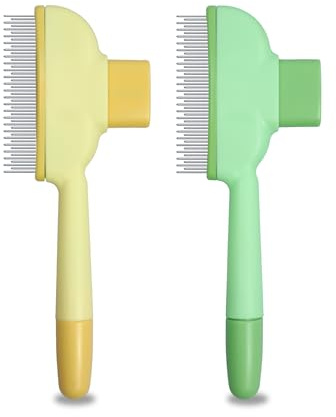 ETIALURE Pet Hair Comb for Cats and Dogs, Self Cleaning Fur Comb with Realease Button, Pet Hair Removal Brush for Grooming and Massaging (Yellow + Green)