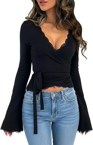 Coloquin Women Bell Long Sleeve Wrap Top V Neck Tie Front Lace Trim Double Lined Crop Tops Y2k Going Out Tops Black S