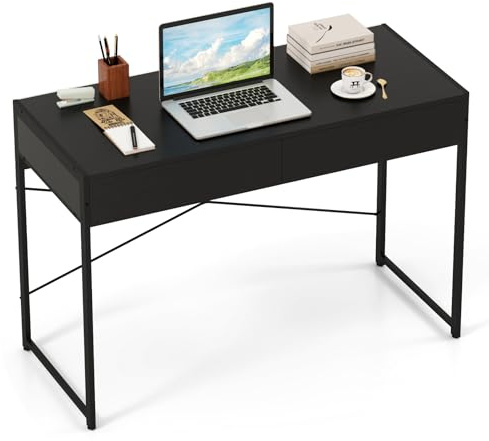 SFAREST Computer Desk, Wooden Writing Table with Drawers and Adjustable Foot Pads, Industrial Metal Frame PC Laptop Desk for Home Office (Black, 111 x 48 x 76cm)