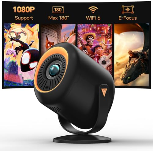 Mini Proiettore con WiFi 6 e BT5.4, Proiettore Portatile nativo 1080P, supporto 4K, con supporto regolabile a 180°, display max 180 pollici, altoparlante integrato with HDMI/TV Stick/USB(Nero)