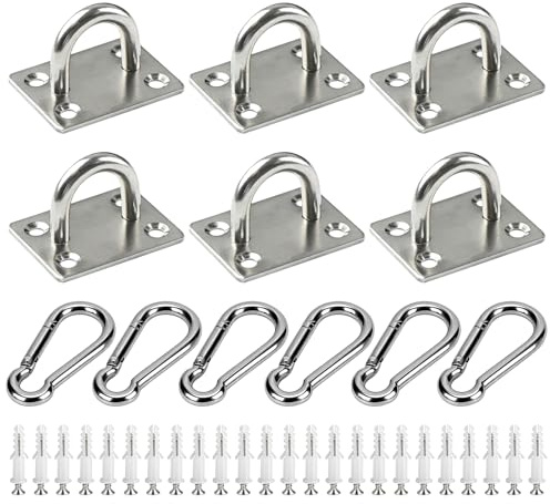 Eye Plate, 6pcs M5 Stainless Steel Pad Eye Plate, 6 Carabiners 24 Screws | Heavy Duty Eye Plate Hooks, Suspension Ceiling Hooks for Hanging Basket Planters Roof Beam Ceiling Fan (Silver)
