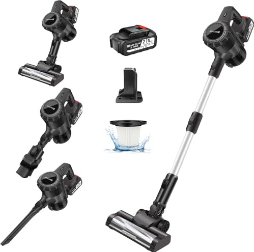Bowose 21V, Kabelloser Staubsauger 140W/20KPa Vacuum Cleaner Handstaubsauger Akku, 2 Saugmodi, LED Bodenbürsten, Selbststehender Staubsauger mit Wechselakku für Teppich, Tierhaare, Hartboden
