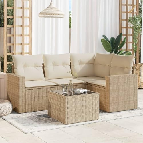 QJBSAVVA Gartenmöbel Set 5-TLG Beige Poly Rattan Ecksofa Garten Lounge mit Glas Tisch 65,5 x 62 x 69 cm breite Armlehnen für Balkon Terrasse und kleinen Innenhof