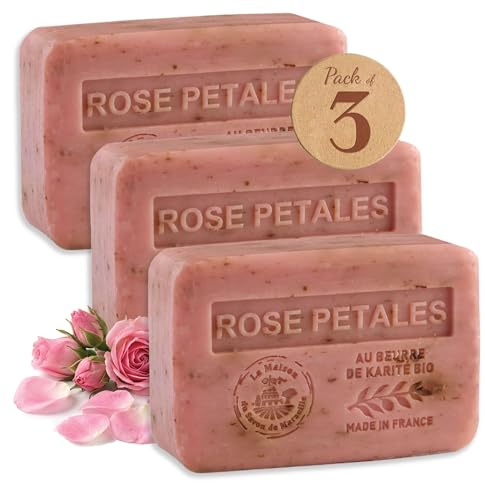 La Maison du Savon de Marseille - Shea Butter Exfoliating Rose Soap Bar - Set of 3x250g - Natural Exfoliating Soap - 97% Natural Ingredients - Made in Provence