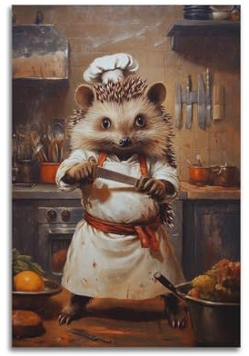 XYSXYCP Wall Art Picture Print Art Animals Hedgehog Chefs Having A Knife-throwing Contest in A French Kitchen Modern Family for Living Room Decor 20x30inch(50x75cm)