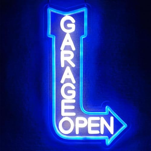 Panneau lumineux néon en forme de flèche ouverte pour garage, atelier, décoration d'anniversaire, cadeau de père (bleu + droite)