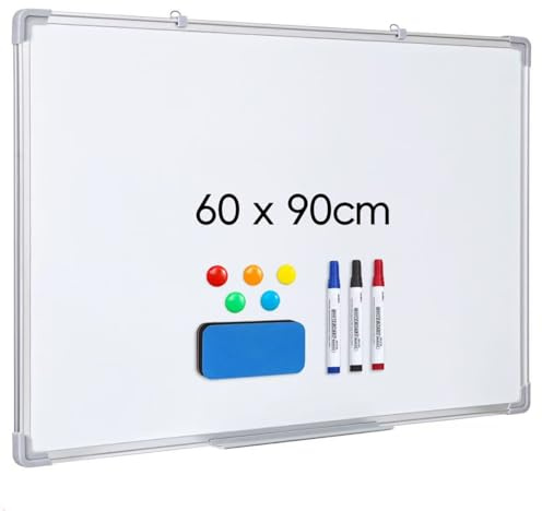 Magnetic Whiteboard 90 x 60 cm, Dry Wipe White Board for Wall, Aluminium Frame with Pen Tray, Dry Erase Writing Board for Office Home and School