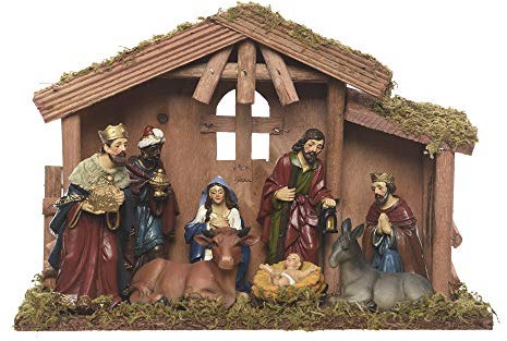 Kaemingk Traditionelle Weihnachtskrippe aus Holz mit acht Figuren, Mehrfarbig, 12 cm, Sterne und Streifen
