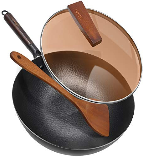 ANEDER Sartén wok de acero al carbono con tapa y espátula de madera, sartén de hierro fundido de 12.5 pulgadas con fondo plano y mango de madera para estufas eléctricas, de inducción y de gas