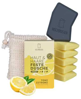 Duschbrocken 2in1 Festes Shampoo & Duschgel All in One Set - 5x Toni Zitroni, FAIRpackung & Sisalsäckchen - Natürlich, Vegan & Plastikfrei