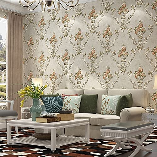 10 x 0,53 m AB Vintage Luxus Landhausstil Streifen 5 Farben geprägte strukturierte Vliestapete Rolle für Schlafzimmer Wohnzimmer 4 cm B x 82 cm L = 5,3 m² (Champagner A Blumen)