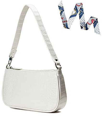 Camilife Handtasche Damen Vintage, Umhängetasche mit Schickem Krokoprägung-Druck, Kleine Umhängetasche Damen,Damen Schultertasche,Frau Vintage Shoulder Mini Bag (Weiß-Seidentuch)