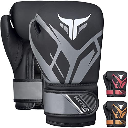 Mytra Fusion Guantes de Boxeo para niños Guantes de Boxeo para niños con Palma ventilada MMA, Muay Thai, Sparring, Fighting, Punching Gloves (Black/Grey, 4-oz)