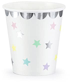 PartyDeco Pappbecher Einweg 6er Set 180ml Einhorn - Bunte Sterne Trinkbecher Einwegbecher Pappe Geburtstag