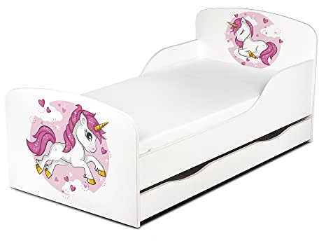 Leomark Einzelbett aus Holz - Lovely Unicorn - Kinderbett mit Schubladen, Stauraum, Holzbett mit Matratze Lattenrost, Liegefläche 70/140 cm, UV-Druck