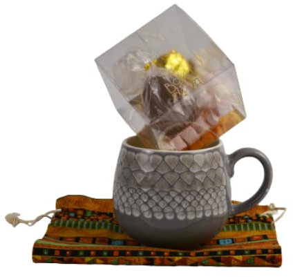 Bossa Nova Luxury Chocolate Bomb Gift Set Bundle, Hot Chocolate with Marshmallows, gift-wrapped in a textile bag with Mason Cash Impressions stoneware cosy mug