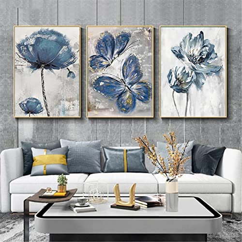 EXQULEG 3er Premium Poster Set, Blau Blumen Schmetterling Leinwandbilder Wandbilder, Aesthetic Bilder, Stilvolle Kunstdrucke für Wohnzimmer Deko (50x70cm)