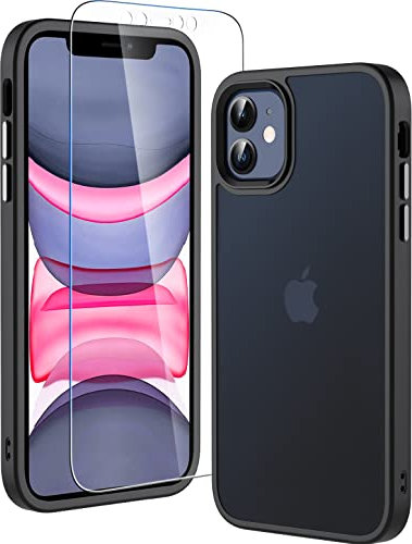 Hensinple Coque pour iPhone 11, Coque iPhone 11 avec Verre Trempé Protection D'écran Antichoc Militaire 360 Degrés Résistante intégrale Complète Protection Bumper Etui Housse pour iPhone 11-Noir