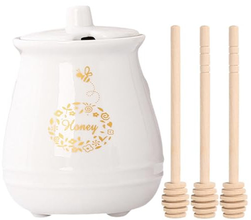 Bootoow Pot à Miel Porcelaine, 430ml Pot à Miel En Céramique Avec Couvercle Et Cuillère Miel En Bois, Distributeur De Sirop, Récipient à Miel En Porcelaine Pour Le Stockage (blanc)