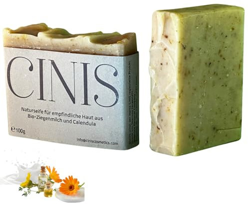 CINIS Bio Ziegenmilch Calendula Naturseife – 100% handgemacht, empfindliche Haut, beruhigend & feuchtigkeitsspendend, kaltgefertigt, Vegan, dermatologisch getestet – 100 g