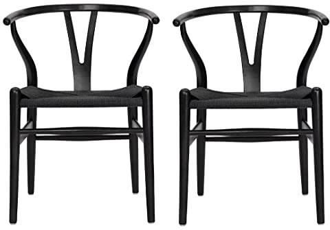 Tomile 2er Set Esszimmerstühle Küchenstuhl Bürostuhl Rattan Sitzfläche Massivholz Ergonomischer Sessel Moderne stühle Loungesessel für Wohnzimmer, Esszimmer Schwarz