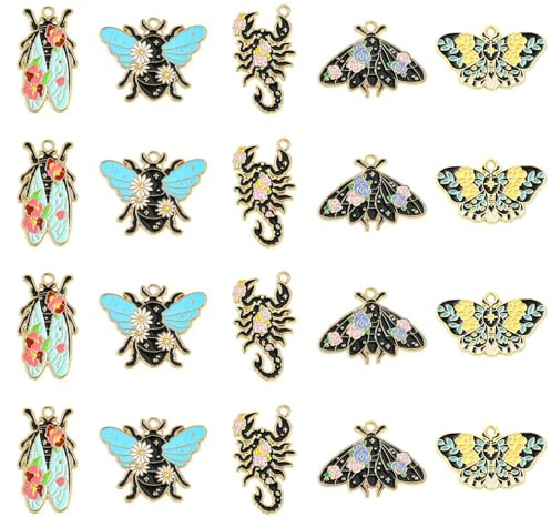 Stiesy 20 Stück 5 Stile Emaille schwarze Insekten Tier Charms Anhänger mit Blume Schmetterling Bienen Käfer Skorpion Zikade Charms für DIY Handwerk Geschenk Schmuckherstellung
