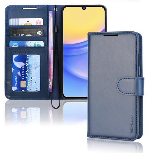 TECHGEAR Galaxy A15 5G Leather Wallet Case, Flip Protective Case Cover [RFID BLOCKING] Wallet Card Holder, Stand & Wrist Strap - Navy Blue PU Leather with Magnetic Closure For Samsung A15 5G / A15