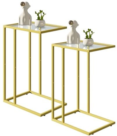 Beistelltisch C Form, Couch Beistelltischs 2er Set, Kaffeetisch Kleiner Tisch, Sofa Tisch Beistelltische Bett, Side Table Beistelltische, Couchtisch Klein Laptop Tischs, Sofatisch, Glasmaterial, Gold