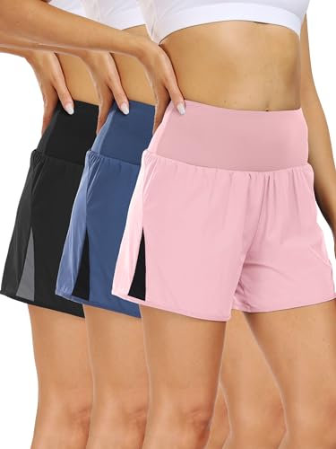 CADMUS 2-in-1 Damen-Trainingsshorts für athletisches Fitnessstudio, Laufshorts mit Handytaschen, 3er-Pack: 11# Schwarz & Marineblau & Pink, X-Groß