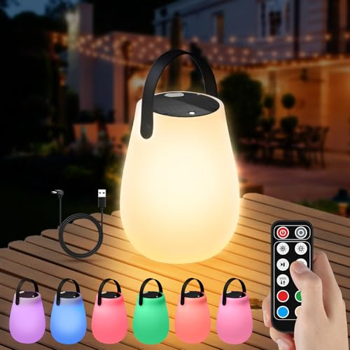 Boadw Tischlampe Solar und USB Aufladbar mit Fernbedienung, Solar Tischlampe Outdoor 8 Farben Dimmbar IP44 Wasserdicht Tischlampe Kabellos Innen/Außen für Tisch garten camping Schlafzimmer