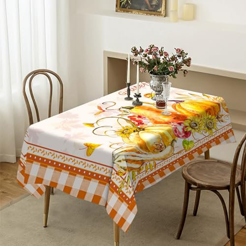 Wipe Clean Tablecloth Pumpkin Yellow Flower Table Cloth Stain Resistant Waterproof Tablecloth Reusable Tablecloths Rectangular Washable Table Covers Party Wipeable Tablecloths(140x240cm)