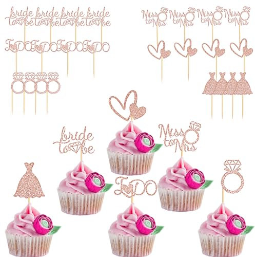 Silars Cupcake Topper Hochzeit, 24 Glitzer Bride to Be Tortendeko Roségold Tortenaufleger Wedding, mit Miss to Mrs, I do, Diamant Ring, Heart and Dress Cake Topper für Brautdusche, Hochzeit Verlobung