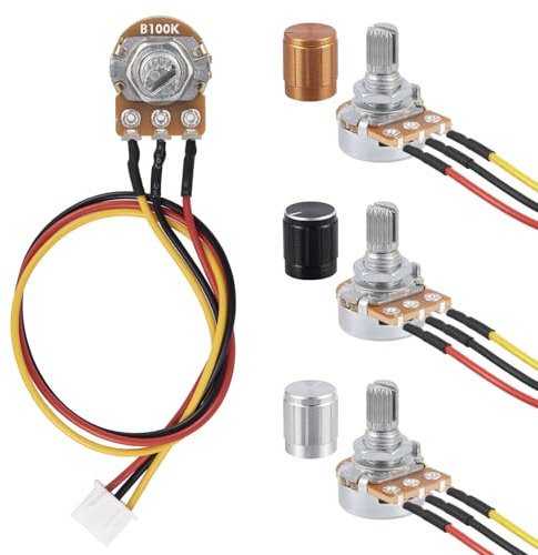 ALLECIN 3 Stück 100K Ohm B100K Potentiometer Mono Linear WH148 Drehpotentiometer 3 Klemmen Rotary Taper Einzelpotentiometer Variable Widerstände mit XH2,54-3-Pin Anschlusskabel und 3 Stk Drehknopf