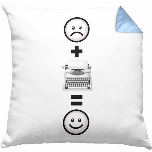 Trendation Schreibmaschine Kissen mit Füllung 40x40 Geschenkidee für Schreibmaschinen Retro Nostalgiker Geburtstag Lustiges Geschenk :(+ Schreibmaschine = :) (Blau)