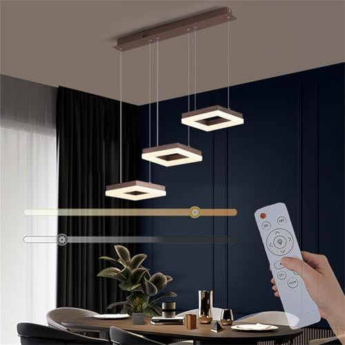 TZSMUM LED Pendelleuchte Esstisch Dimmbar Modern Hängelampe mit Fernbedienung Esszimmer Aluminium Acryl Hängeleuchte Innenbereich Fur Wohnzimmer Küche Büro Innenbeleuchtung (Braun,Quadratisch)