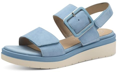 Tamaris Comfort Damen Sandalen flach aus Leder mit Schnalle, Blau (Lt Blue Suede), 42 EU