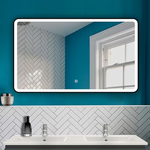 HAPAOSO LED Spiegel Schwarzer Rahmen Badspiegel 120X70cm mit Warm/Neutral/Kaltweiß Dimmbar Speicherfunktion Touch/Wandschalter Beschlagfrei Wandspiegel Design mit abgerundeten Ecken