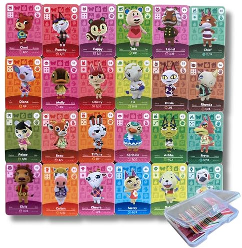 PEMY Lot de 24 Mini Cartes NFC Compatibles Animal Crossing New Horizons, Compatibles avec Nintendo Switch, New 3DS, Wii U - Villageois Rares Boîte de Rangement Série 1 à 4#25-#48