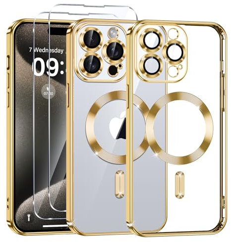 Phoona Cover Placcatura per iPhone 15 Pro 6,1 Pollici, Obiettivo per Fotocamera Protezione Completa e 2 × vetro temperato, Compatibile con MagSafe Ricarica Wireless, Protezione Militare, Oro