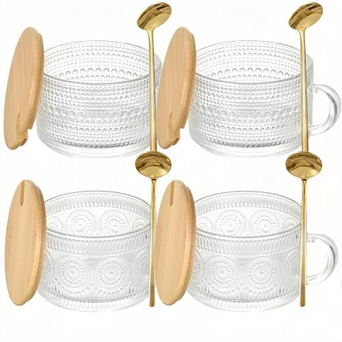 NBBENG Vintage Glass Coffee Mugs, 14oz Clear Embossed Glass Cups, Cute Coffee Bar Accessories, Iced Coffee Glasses with Lid and Spoon for Cappuccino Latte Overnight Oats (4)